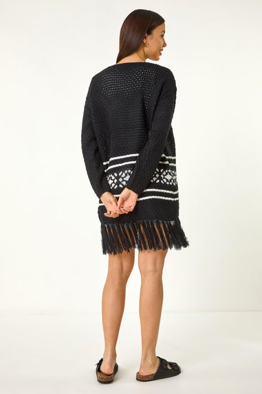 Roman Black Jacquard Fringe Hem Knit Cardigan