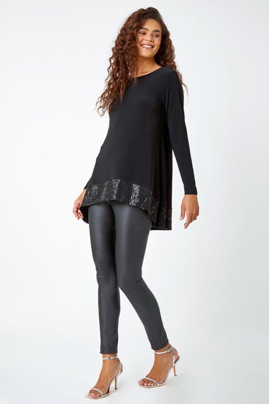 Roman Black Sequin Hem Stretch Tunic Top