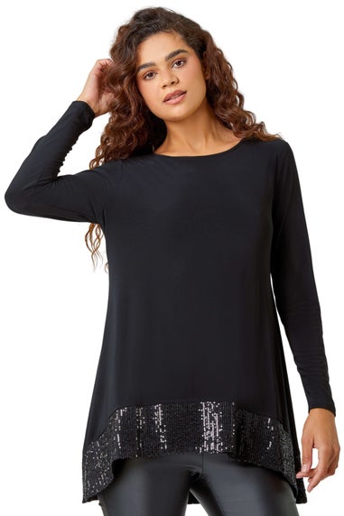 Roman Black Sequin Hem Stretch Tunic Top