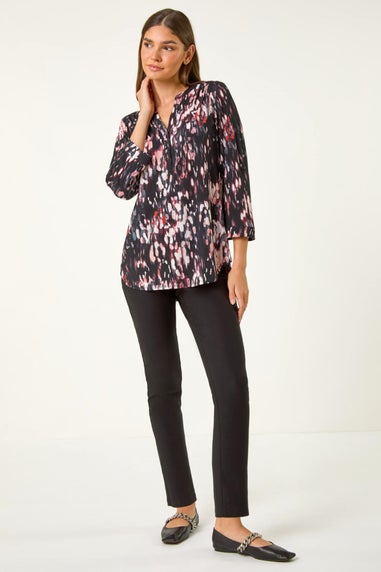 Roman Mocha Textured Abstract Print V-Neck Stretch Top