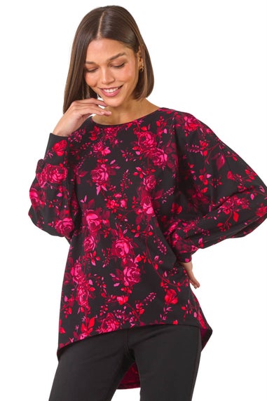 Roman Pink Rose Floral Print Stretch Hem Top