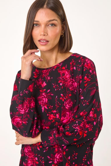 Roman Pink Rose Floral Print Stretch Hem Top