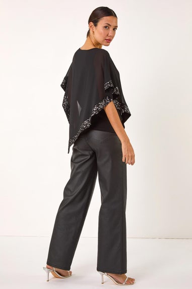 Roman Black Sequin Hem Overlay Stretch Top