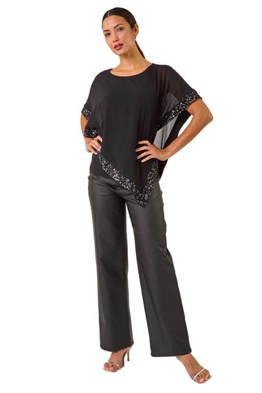 Roman Black Sequin Hem Overlay Stretch Top