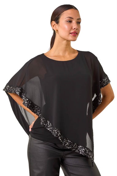 Roman Black Sequin Hem Overlay Stretch Top