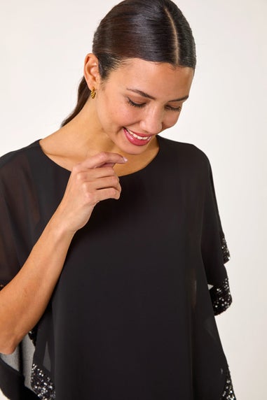 Roman Black Sequin Hem Overlay Stretch Top