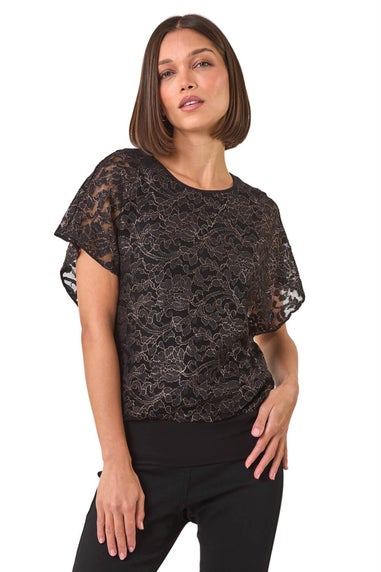 Roman Bronze Metallic Lace Bubble Hem Top