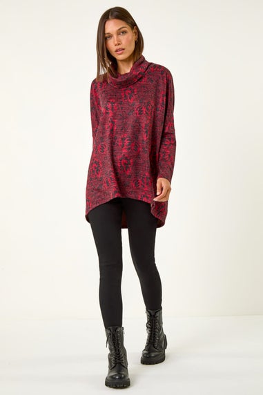 Roman Red Aztec Print Relaxed Cowl Neck Stretch Top