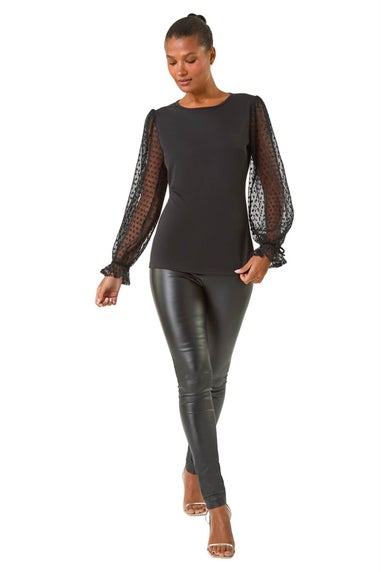 Roman Black Flock Spot Sleeve Stretch Tunic Top