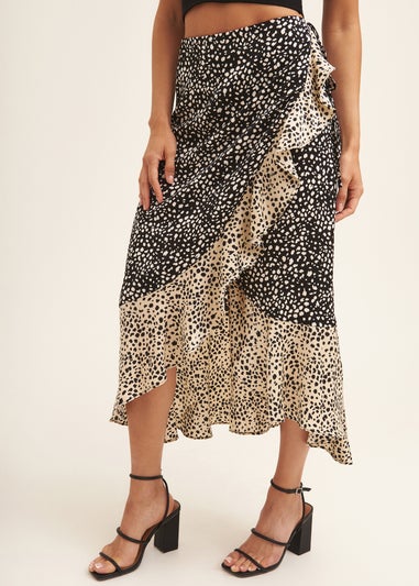 Gini London Black Animal Mix Print Wrap Ruffle Midi Skirt