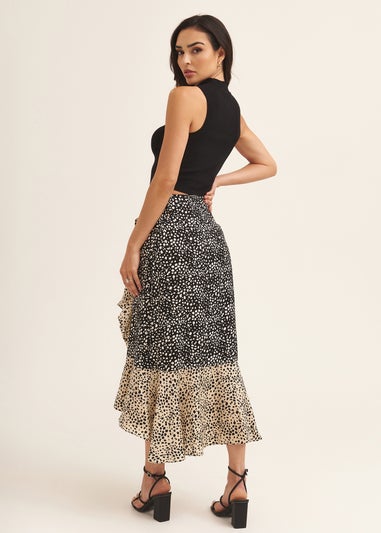 Gini London Black Animal Mix Print Wrap Ruffle Midi Skirt