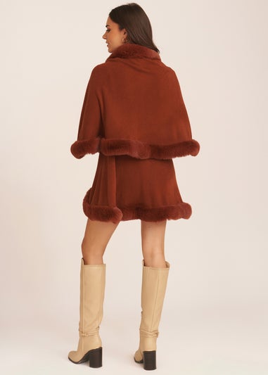 Gini London Brown Fur Trim Double Layer Cape