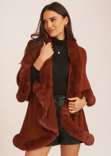 Gini London Brown Fur Trim Double Layer Cape