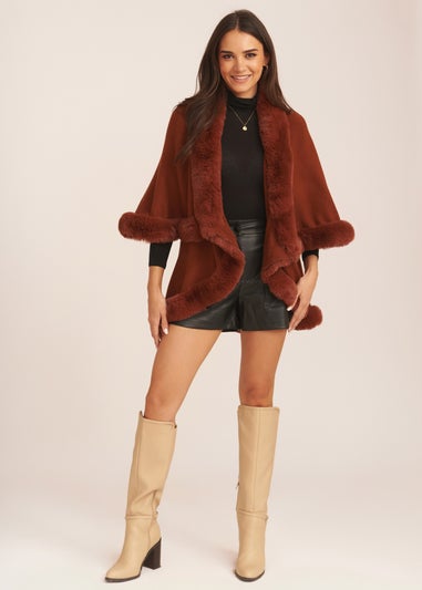 Gini London Brown Fur Trim Double Layer Cape