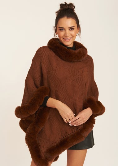 Gini London Brown Fur Trim Knit Cape