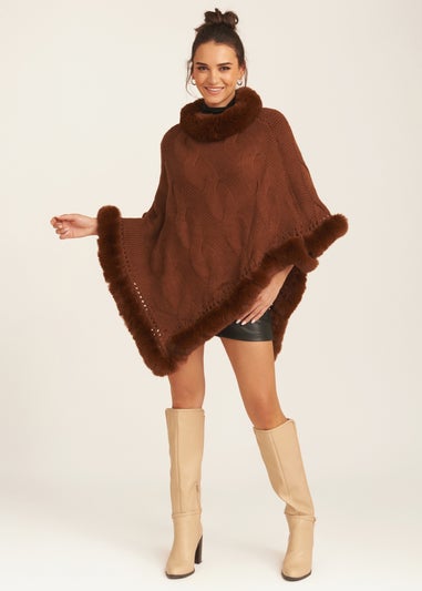 Gini London Brown Fur Trim Knit Cape