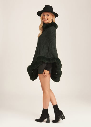 Gini London Green Fur Trim Knit Cape