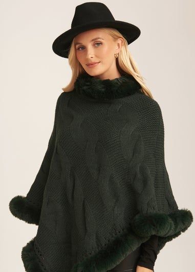 Gini London Green Fur Trim Knit Cape