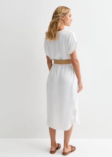 Gini London White V Neck Raffia Belt Tunic Dress