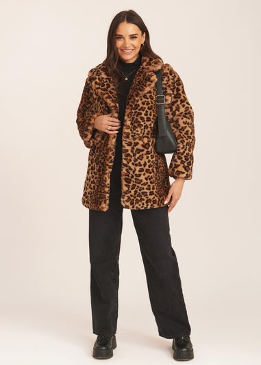 Gini London Brown Leopard Print Faux Fur Coat Jacket