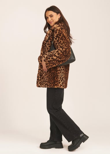 Gini London Brown Leopard Print Faux Fur Coat Jacket