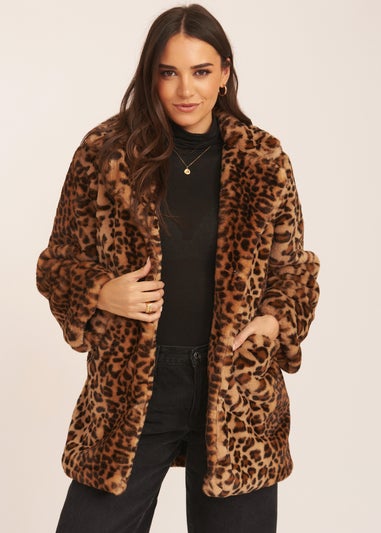 Gini London Brown Leopard Print Faux Fur Coat Jacket