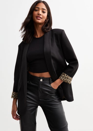 Gini London Black Contrast Animal Edge to Edge Blazer