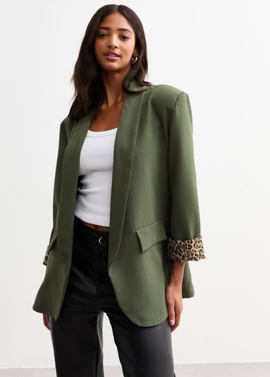 Gini London Khaki Contrast Animal Edge to Edge Blazer