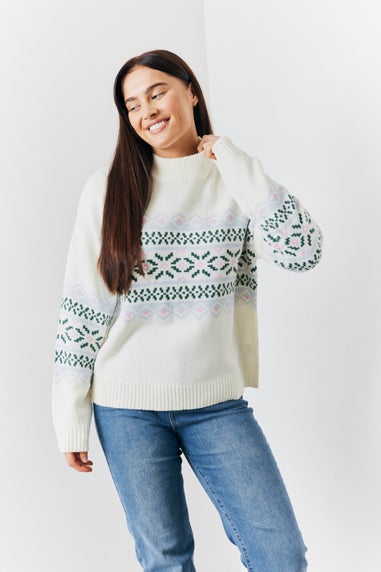 In The Style White Oversized Crew Neck Jacquard Knit Jumper