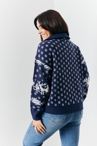 In The Style Navy Half Zip Reindeer Fair Isle Knit Jumper
