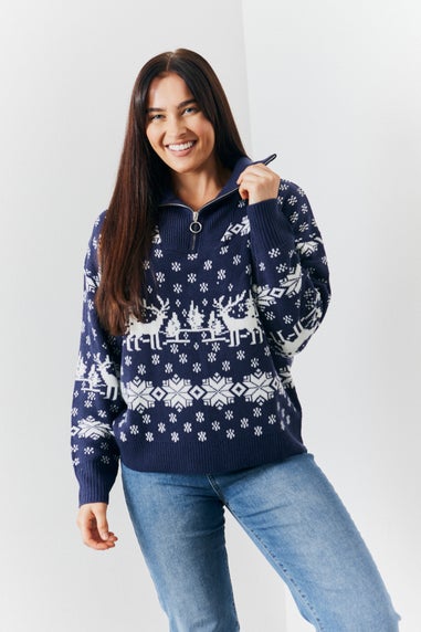 In The Style Navy Half Zip Reindeer Fair Isle Knit Jumper