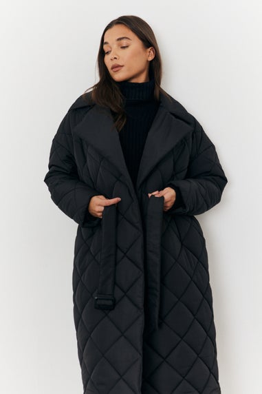 In The Style Black Tie Waist Quilted Jacket