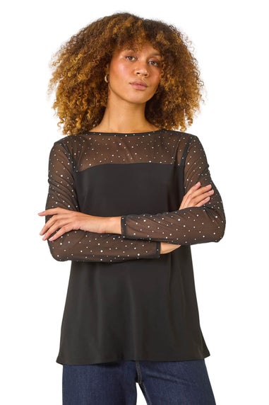 Roman Black Holographic Foil Mesh Sleeve Top