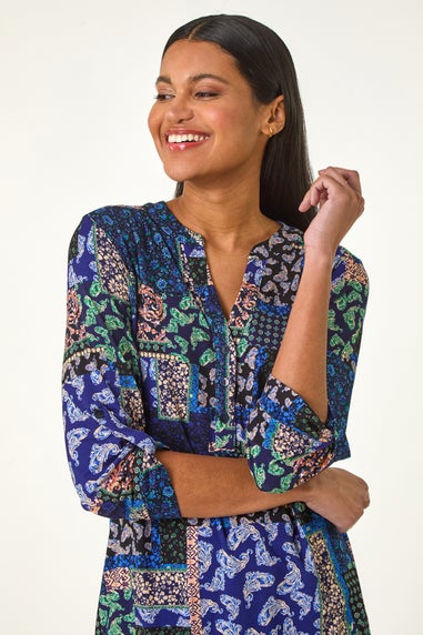 Roman Navy Paisley Contrast Print Stretch Top