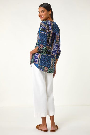 Roman Navy Paisley Contrast Print Stretch Top