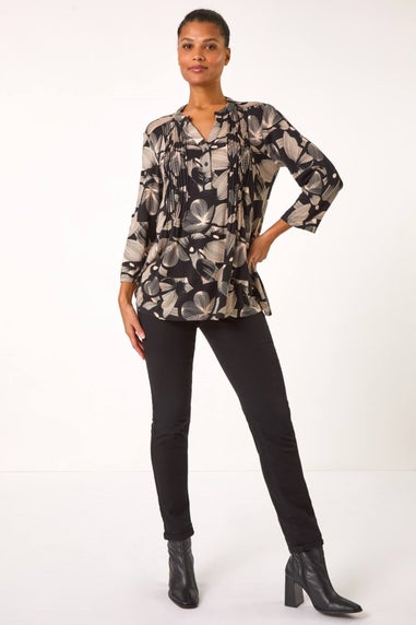 Roman Black Floral Print Pintuck Pleat Shirt