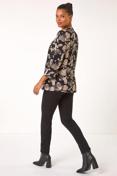 Roman Black Floral Print Pintuck Pleat Shirt