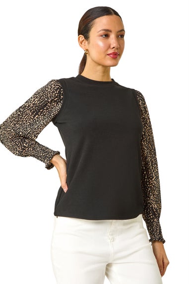 Roman Black 2 in 1 Print Mesh Sleeve Top