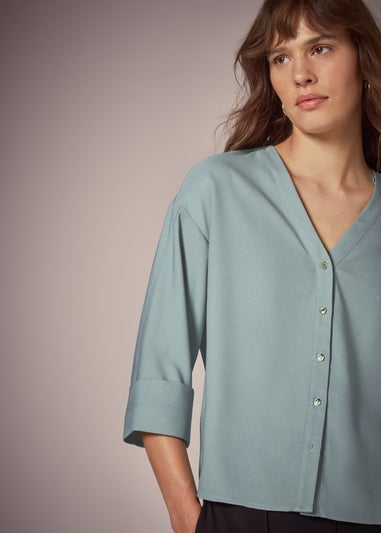 Et Vous Sage Button Front V Neck Blouse
