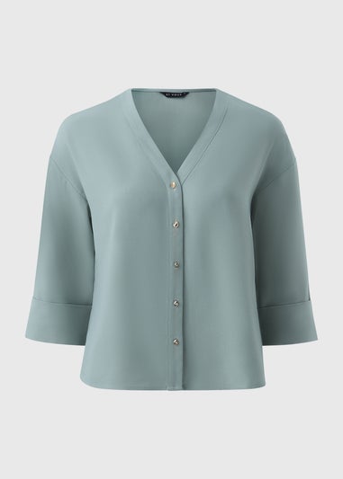 Et Vous Sage Button Front V Neck Blouse