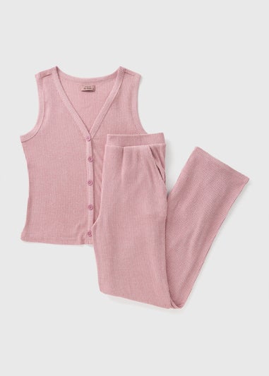 Pink Ribbed Waistcoat Pyjama Set
