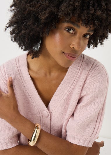 Pink Button Front Puff Sleeve Cardigan