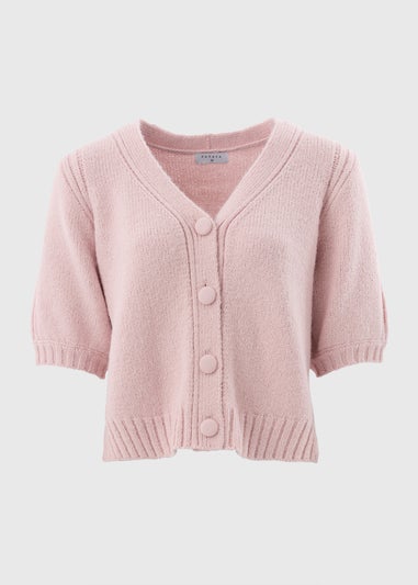 Pink Button Front Puff Sleeve Cardigan