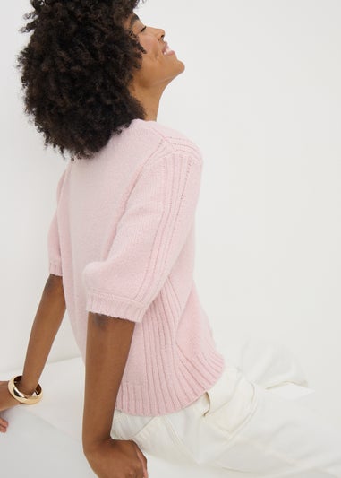 Pink Button Front Puff Sleeve Cardigan