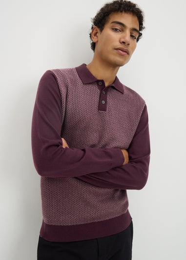 Burgundy Knitted Long Sleeve Polo Shirt