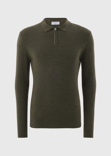 Khaki Smart Ribbed 1/4 Zip Polo Shirt