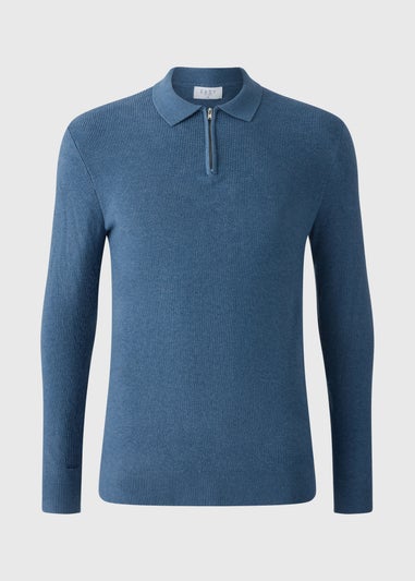 Blue Ribbed Smart Zip Polo Jumper