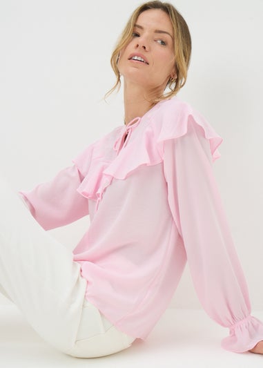 Pale Pink Ruffle Tie Neck Blouse