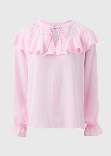 Pale Pink Ruffle Tie Neck Blouse