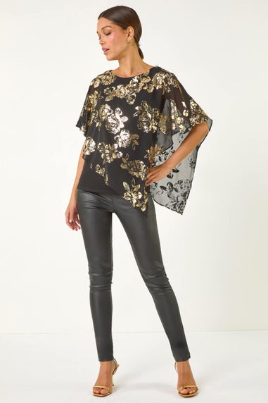 Roman Gold Floral Foil Asymmetric Overlay Top